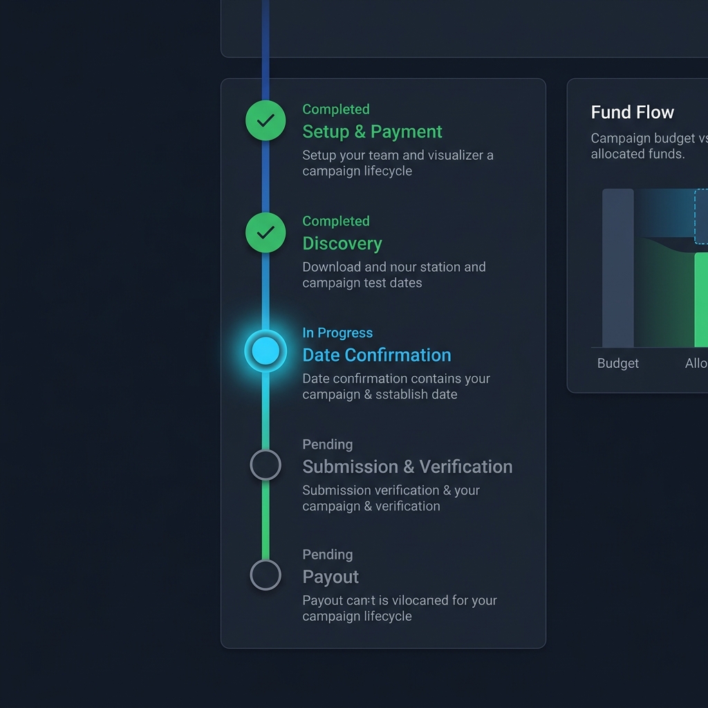 Visual campaign lifecycle timeline showing 5 phases from Campaign Setup through Payment, Creator Discovery, Date Confirmation, Ad Submission, to Completed state — with FSM state labels and transition arrows