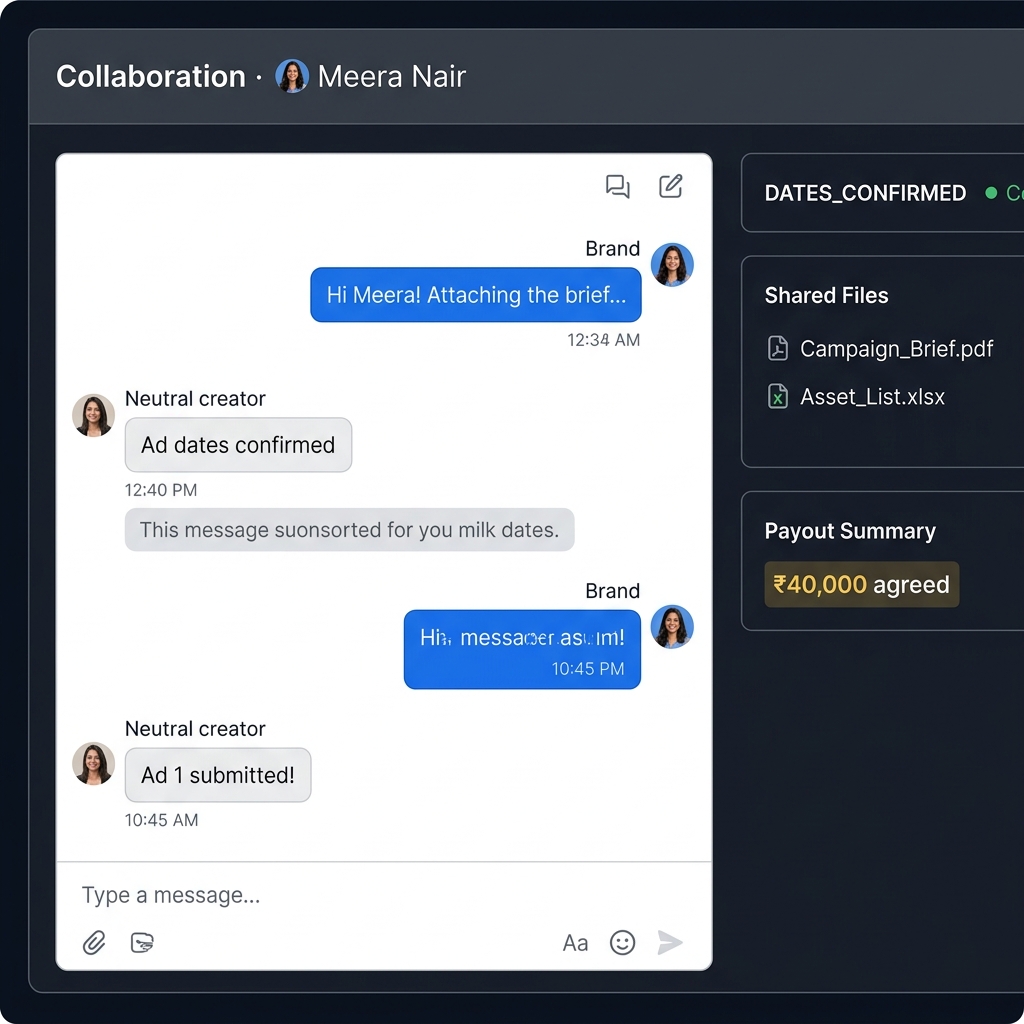 EngagePro Collaboration Workspace showing a chat interface between brand and creator with message bubbles, a 'Finalise Dates' calendar button at the top, document attachment preview, and a system message confirming ad dates