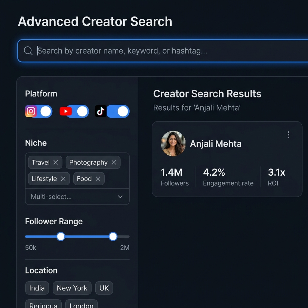 EngagePro Advanced Creator Search interface showing username search field, filter panel with niche and location options, and a creator profile lookup result with rate card and follower data