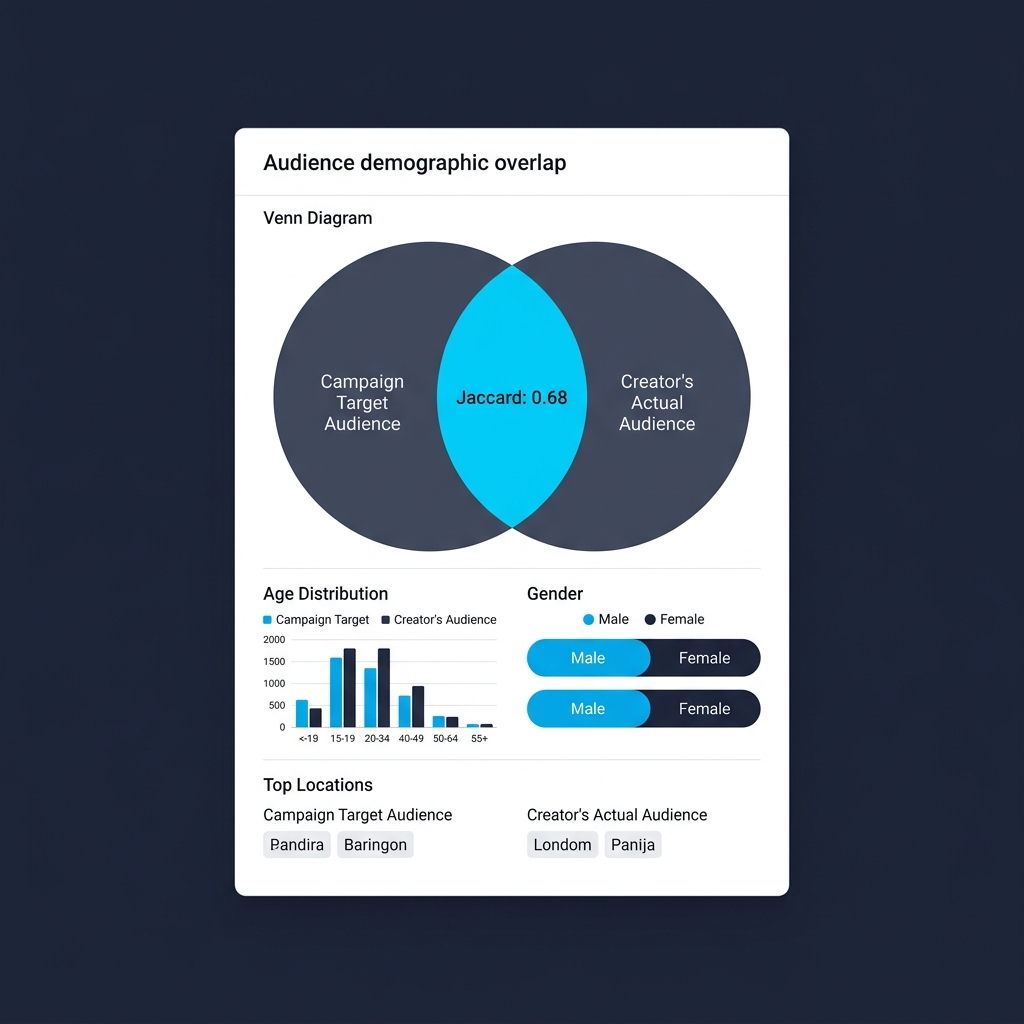Venn diagram showing audience demographic overlap between campaign targets and a creator's actual audience, with age, location, and gender segments highlighted