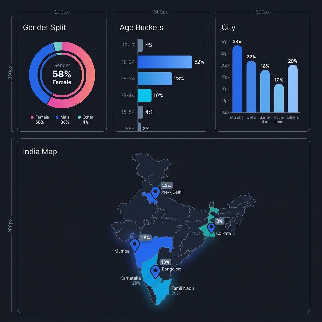 A sophisticated set of audience demographic charts showing a donut chart for gender, a bar chart for age buckets, and a map of India with creator audience hotspots highlighted by state
