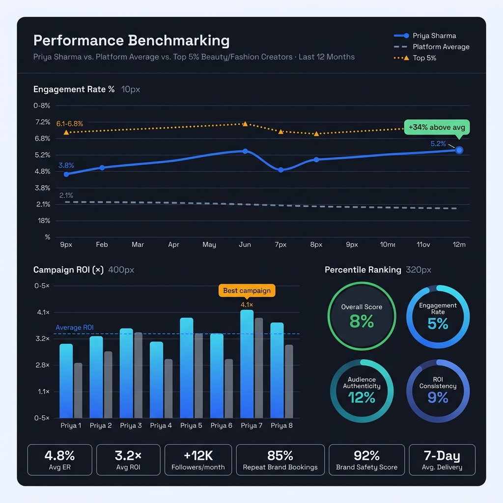 A comparison chart showing a creator's engagement and ROI metrics vs the platform average and vs top-performing peers in their niche (e.g. Beauty or Tech), with percentile rankings